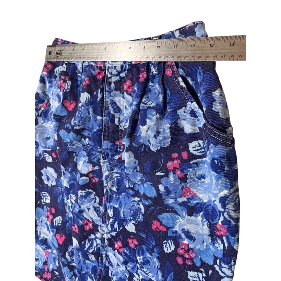 Vintage 90s Blue Floral Denim High Waist Button Front Mini Skirt Size 6 - Picture 4 of 9
